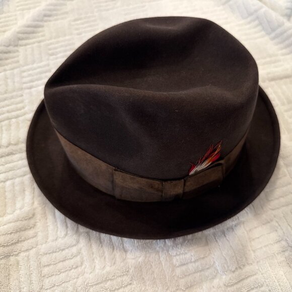Vintage Knox Custom Edge Fedora Hat Brown Mens Size 6/78 Red Feather Film Noir - Picture 2 of 7